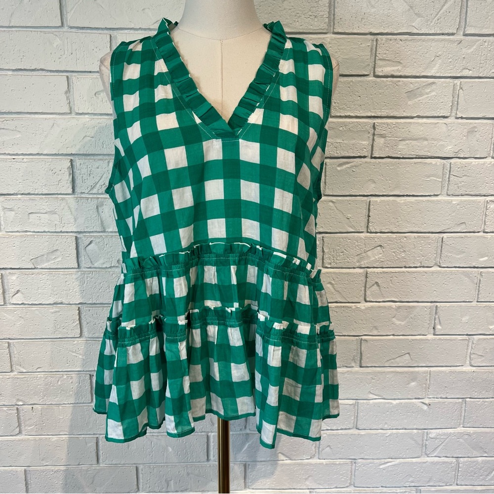 THML Green and White Checkered Peplum Blouse